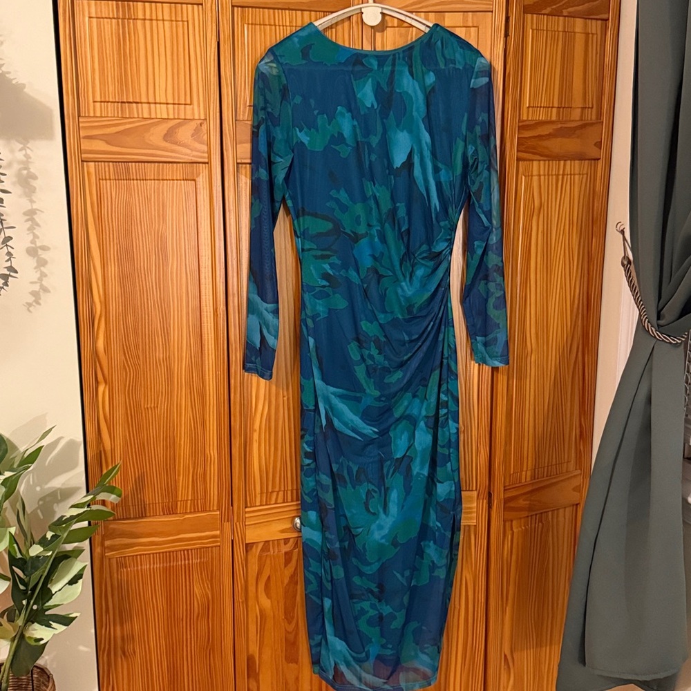 Pretty Garden Bodycon Maxi  Blue and Green Long Sleeve Dress